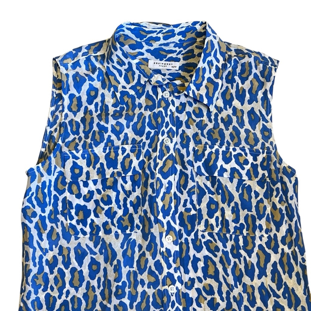 Equipment Women’s Sz XS Blue Leopard Print Silk Shift Dress Button Front Mini - Picture 3 of 10